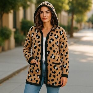 Chico's Hooded Cardigan Sweater Leopard Print With Buttons Womens‎ Size 1